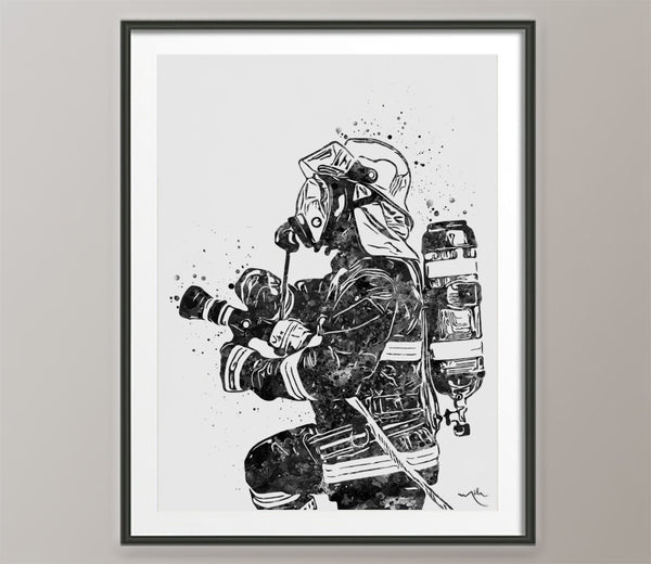Fireman Firefighter Watercolor Print BW Firefighter Gift Fire Department Fire Soldier Wall Art Wall Decor Rescue Personalized Hero Gift-472