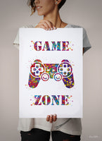 Game Zone Gamers Art Watercolor Print Joystick Game Room Decor Wall Art for Kids Boys Teens Game Controller Gaming Gamer Video Game-1816