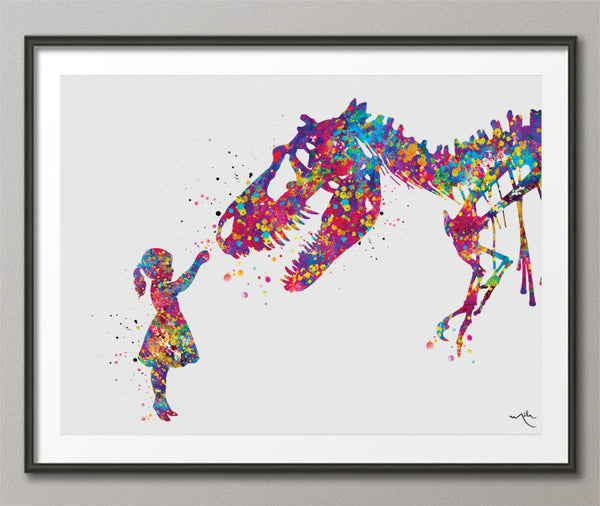 Girl and Dinosaur Tyrannosaurus Rex Watercolor Print T-Rex and Little Girl Wall Art Painting Nursery Art Kids Room Personalised Gift-1605