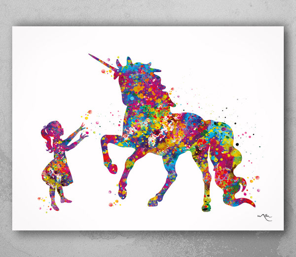 Little Girl and Unicorn Watercolor Print Wall Decor Nursery Decor Girls Room Decor Watercolour Kids Room Birthday Fantasy Art Wall Art-1686