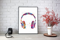 Headphone Watercolor Print Music Art Wall Art Earphones Poster Room Decor Gift DJ Gift Teen Room Bedroom Musical Decor Art Music Studio-1814