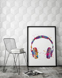 Headphone Watercolor Print Music Art Wall Art Earphones Poster Room Decor Gift DJ Gift Teen Room Bedroom Musical Decor Art Music Studio-1814