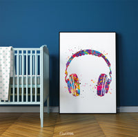 Headphone Watercolor Print Music Art Wall Art Earphones Poster Room Decor Gift DJ Gift Teen Room Bedroom Musical Decor Art Music Studio-1814