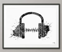 Headphone Watercolor Print Music Art Wall Art Earphones Poster Room Decor DJ Gift Teen Room Black White Gothic Decor Art Music Studio-101