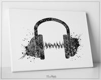 Headphone Watercolor Print Music Art Wall Art Earphones Poster Room Decor DJ Gift Teen Room Black White Gothic Decor Art Music Studio-101