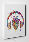 Heart with Headphone Watercolor Print Music Love Heart Anatomy Music Room Listen to your Heart Singer DJ Party Geek Nerd Wall Art Decor-133