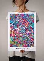 Manchester Map Watercolor Print Wall Art Manchester City Road Street Map Manchester Decor Wall Hanging Map of Manchester Travel Gift-1740