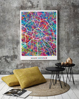 Manchester Map Watercolor Print Wall Art Manchester City Road Street Map Manchester Decor Wall Hanging Map of Manchester Travel Gift-1740