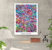 Manchester Map Watercolor Print Wall Art Manchester City Road Street Map Manchester Decor Wall Hanging Map of Manchester Travel Gift-1740