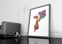 Mozambique Map Watercolor Print Wall Wedding Gift Homesick Gift Travel Poster Housewarming Gift Africa Country Home Decor Wall Hanging-1706