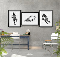 Rugby Player Set of 3 BW Watercolor Print Rugby Player Man Boy Sports Fan Gift Nursery Dorm Room Rugby Ball Poster Wall Art Wall Decor-1701