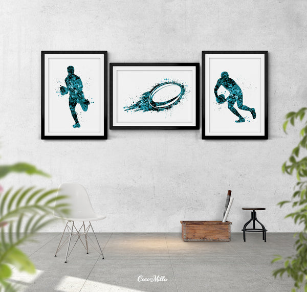 Rugby Player Set of 3 Watercolor Print Rugby Player Man Boy Sports Fan Gift Nursery Dorm Room Rugby Ball Poster Wall Art Wall Decor-1739