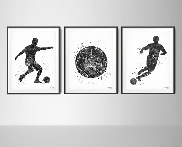 Soccer Player Set of 3 Black and White Watercolor Print Soccer Football Man Boy Sports Nursery Dorm Room Sport Poster Wall Art Decor-1790