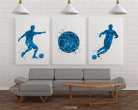 Soccer Player Set of 3 Blue Watercolor Print Soccer Football Man Boy Sports Fan Gift Nursery Dorm Room Sport Poster Wall Art Wall Decor-1779