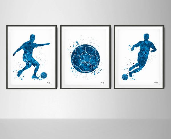 Soccer Player Set of 3 Blue Watercolor Print Soccer Football Man Boy Sports Fan Gift Nursery Dorm Room Sport Poster Wall Art Wall Decor-1779