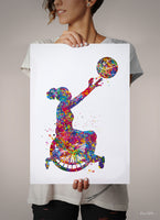 Wheelchair Basketball Girl Watercolor Print Female Woman Basketball Player Gift Wall Art Kids Gift Sports Handball Disability Gift-1772