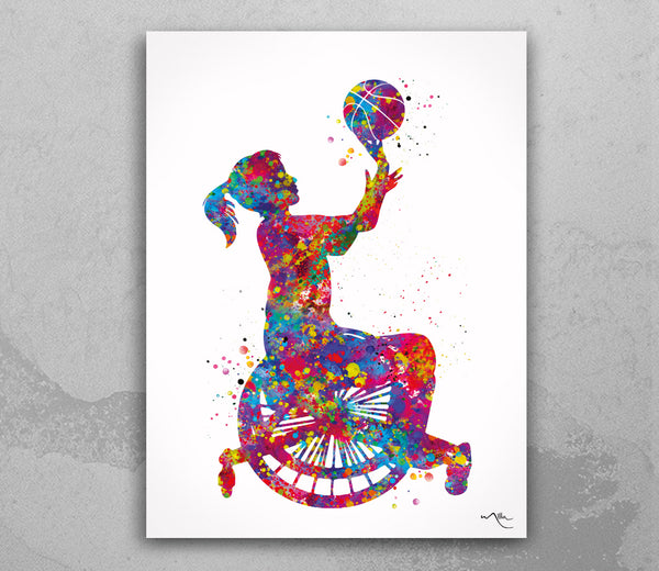 Wheelchair Basketball Girl Watercolor Print Female Woman Basketball Player Gift Wall Art Kids Gift Sports Handball Disability Gift-1773