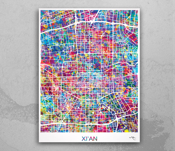 Xi'an Map Art Watercolor Print Wall Art Xi'an Road Street Map Wanderlust Decor China City Xi'an Wall Hanging Map of XIAN Travel Gift-1735