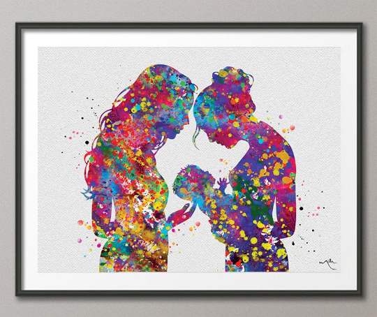 Two Moms Watercolor Print Same Sex New Moms LGBT Family Love Wins Wedding Gift Wall Art Gay Lesbian Gift Art Home Decor Mrs and Mrs-1510 - CocoMilla