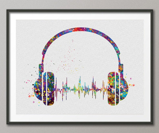 Headphone Watercolor Print Music Art Wall Art Earphones Poster Room Decor Gift DJ Gift Teen Room Bedroom Musical Decor Art Music Studio-1515 - CocoMilla