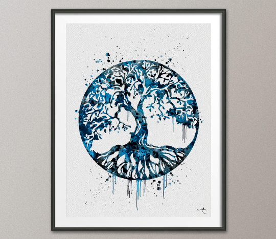 Tree of Life Watercolor Print Blue Wall Art Celtic Tree Wedding Gift Yoga Print Love Family Wall Decor Housewares Buddha Home Decor-1206 - CocoMilla