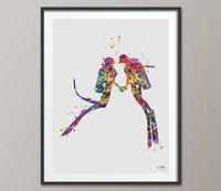 Scuba Diving Couple Watercolor Print Personalised Gift Ocean Wall Art Print Wall Art Diving Wedding Gift Valentine's Gift Wall Hanging-1393 - CocoMilla