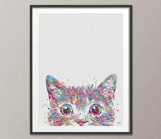 Cat Peeking Watercolor Print Peek a Boo Kitty Kittens Love Wall Art Hide and Seek Cat Pet Love Wall Decor Nursery Decor Kids Funny Cat-1629 - CocoMilla