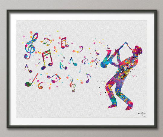 Jazz Man Music Notes Watercolor Print Musician Wall Art Poster Music Studio Saxophonist Saxophone Player Wall Decor Sax Wall Hanging-1366 - CocoMilla