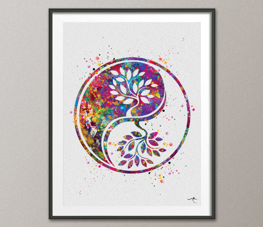 Yin Yang Tree of Life 2 Watercolor Art Print Wall Art Poster Wedding Gift Celtic Tree Love Family Giclee Housewares Buddha Zen Decor-1047 - CocoMilla