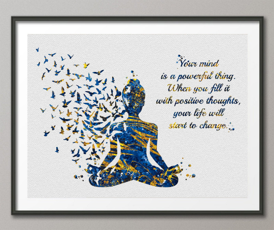 Yoga Woman with Birds Your Mind Life Quote Watercolor Print Studio Room Office House Nursery Decor Housewarming Motivational Wall Art-1478 - CocoMilla