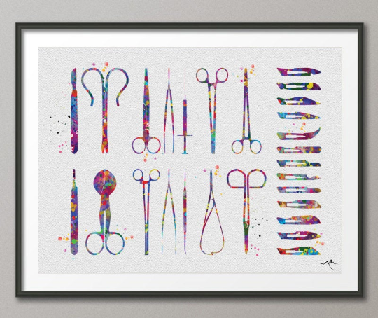 Surgical Tools Watercolor Print Medical Tools Wall Art Nurse Gift Medical Art Science Art Clinic Decor Gift for Doctor Surgeon Gift Art-1042 - CocoMilla