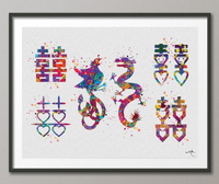 Phoenix and Dragon Double Happiness Watercolor Print Love Quote Print Wedding Gift Wall Art Chinese Valentine Calligraphy Wall Hanging-333 - CocoMilla