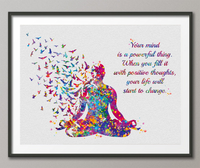 Yoga Man with Birds Your Mind Life Quote Watercolor Print Studio Room Office House Nursery Decor Housewarming Motivational Wall Art-1477 - CocoMilla