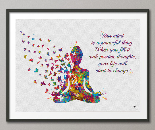 Yoga Art, Butterfly, Your Mind Quote, Yoga Poster, Yoga Print, Yogi Woman Watercolor, Yoga Studio, Sukhasana Pose, Yoga Wall Decor-1552 - CocoMilla