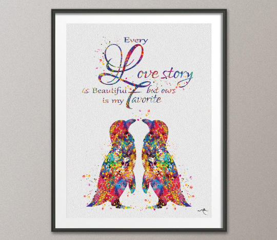 Lesbian Penguin Art Watercolor Print Painting Wedding Gift idea Anniversary LGBT Gay Pride Gay Art Lesbian Rainbow Family Gift Same Sex-71 - CocoMilla