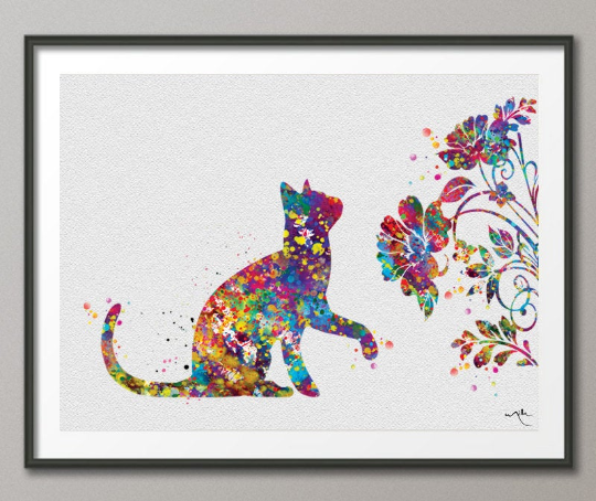 Cat with Flowers Watercolor Print Animal Love Wall Art Poster Cat Friend Pet Love Wall Decor Home Decor Cat Painting Wall Hanging -496 - CocoMilla