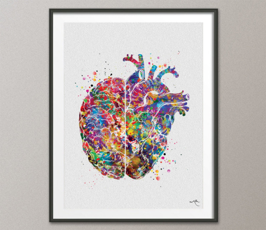 Heart and Brain Watercolor Print Medical Art Science Art Geek Nerd Neurology Wall Art Artistic Brain Left Right Brain Poster Wall Decor-733 - CocoMilla