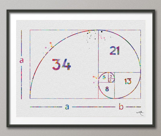 Fibonacci Spiral Watercolor Print Fibonacci Sequence Numbers Golden Spiral Geometric Art Golden Ratio Science Art Dorm Wall Mathematics-1041 - CocoMilla