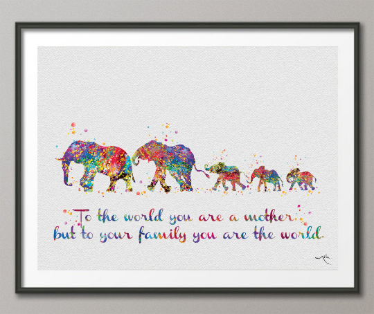 Elephant Family Mom Dad and Three Kids Baby Watercolor Print Quote Art Wedding Gift Family Print Wall Art Home Decor Housewarming-1651 - CocoMilla