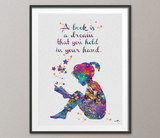 Reader Girl Watercolor Print Book Lover Gift Wall Art Teen Room Decor Poster Wall Decor Library Art For Girl Nursery Decor Nursery [NO 797] - CocoMilla