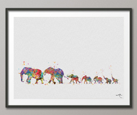 Elephant Family Mom Dad and 5 Babys Art Print Watercolor Painting Wedding Gift Wall Art Parent Gift Wall Decor Home Decor Wall Hanging-1389 - CocoMilla