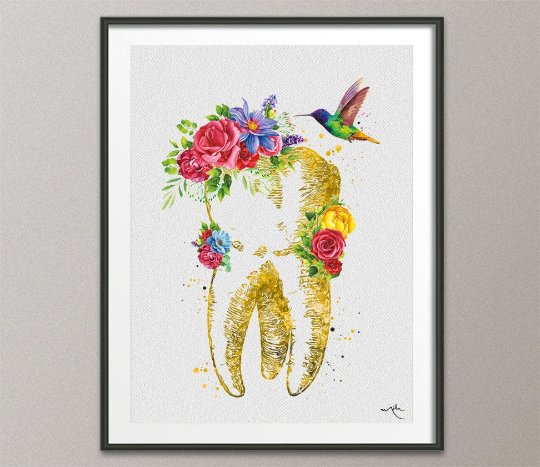 Floral Tooth Watercolor Print Tooth Flowers Gold Effect Dental Clinic Decor Art Dentistry Office Medical Graduaiton Dentist Gift Art-1329 - CocoMilla