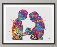 Father and Pregnant Mother with Baby Watercolor Print New Mom and Father Parents Love Gift Wall Art Family Wedding Gift Art Home Decor-1665 - CocoMilla