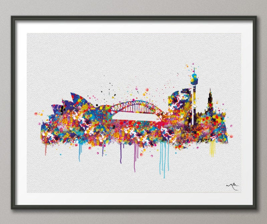 Sydney Skyline Australia Watercolor Print Wall Art Wedding Gift Wanderlust Travel Wall Decor Art Home Decor Wall Hanging [NO 510] - CocoMilla