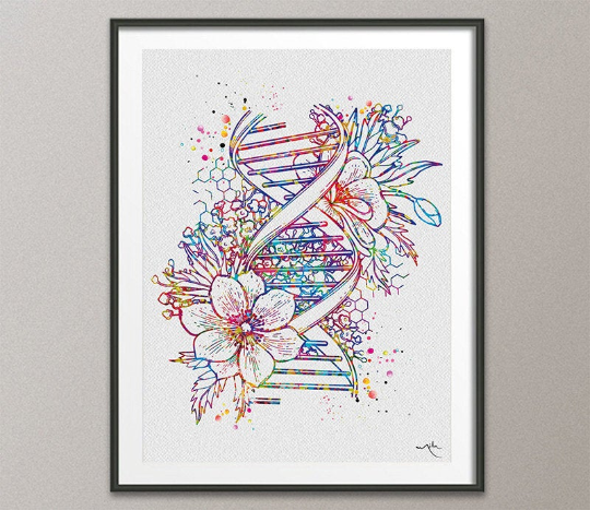 DNA Floral Art Watercolor Print DNA Helix Structure Medical Wall Art Science Art Genetic Doctor Office Clinic Laboratory Biology Decor-1634 - CocoMilla