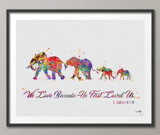 Elephant Family Mom Dad and two Babies Family Bible Love Quote Print Watercolor Wedding Gift Wall Art Nursery Wall Decor Christmas Gift-1092 - CocoMilla