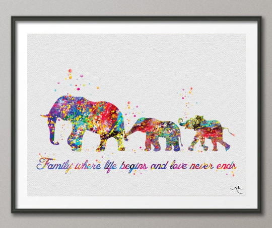 Elephant Family Mom Dad and Baby Quote 2 Art Print Watercolor Painting Wedding Gift Wall Art Wall Decor Art Home Decor Wall Hanging [NO 767] - CocoMilla