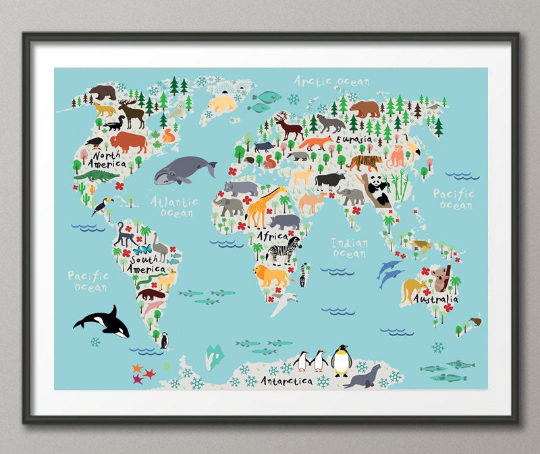 Animal World Map, Animal Map, Worl Map Print, Kids World Map, For Kids, Dorm Room, Nursery Decor, Wall Art, Art Print, World Map Animal-862 - CocoMilla