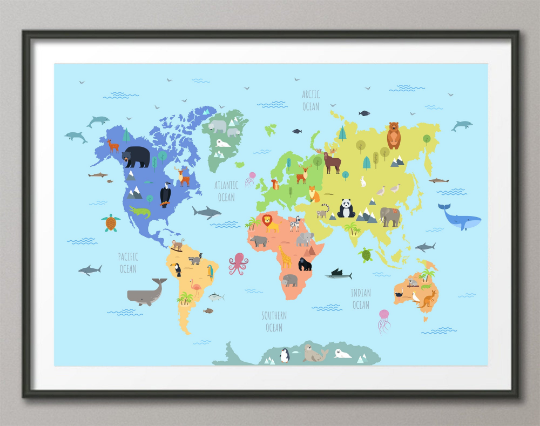 Animal World Map, Wild Animal Map, Canvas Print, Kids World Map, For Kids, Nursery Decor, Wall Art, Animal Print, World Map Animal-1644 - CocoMilla
