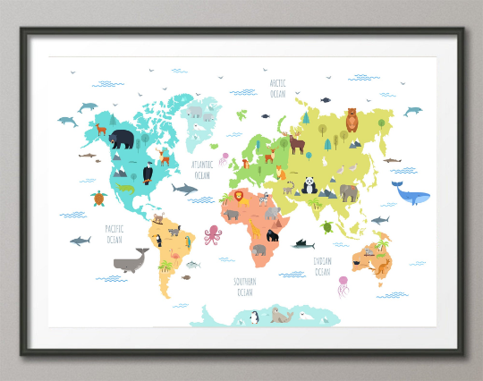 Animal World Map, Wild Animal Map, Canvas Print, Kids World Map, For Kids, Nursery Decor, Wall Art, Animal Print, World Map Animal-1643 - CocoMilla